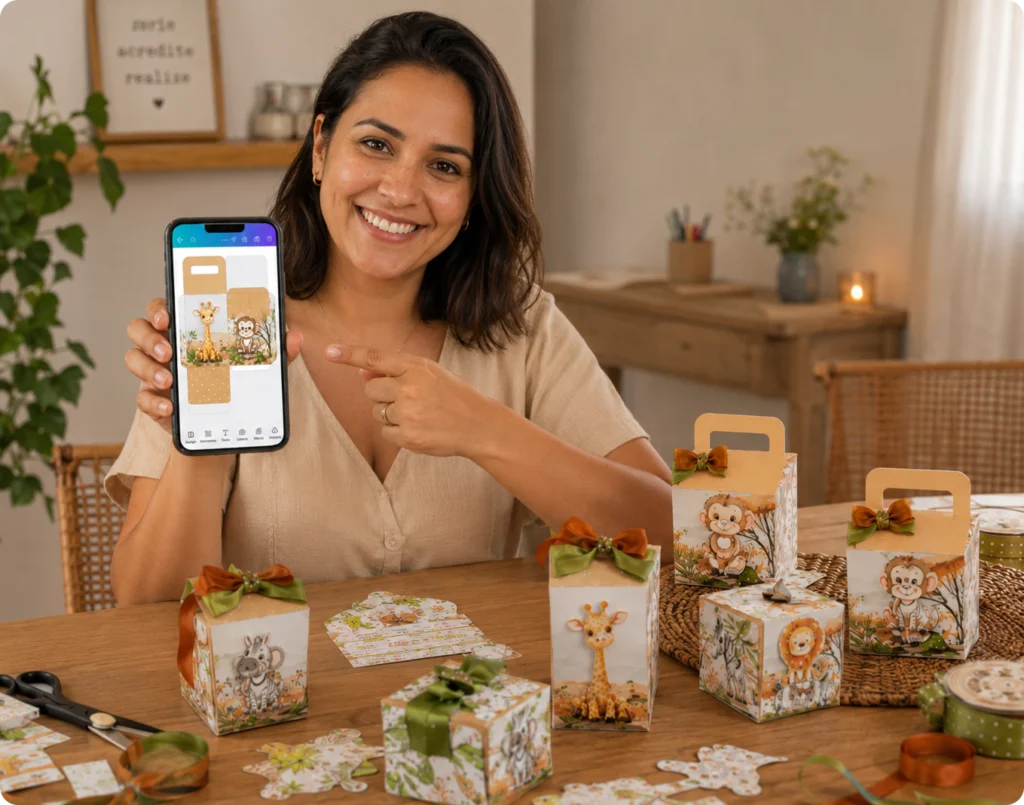 Mujer muestra en el celular un molde de cajita con tema safari, con las cajitas impresas y armadas sobre la mesa